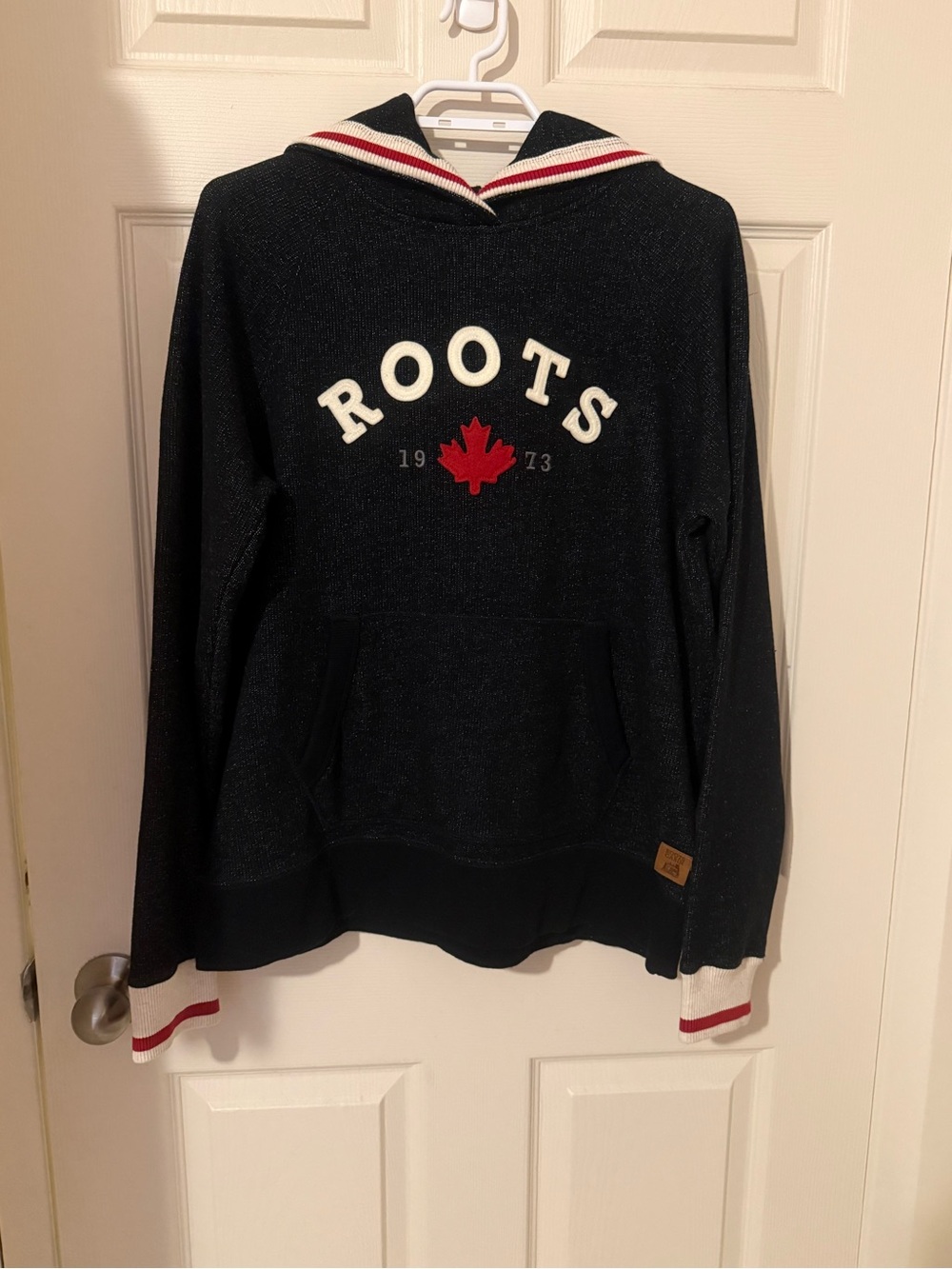 Roots Charcoal Hoodie with Red Maple Logo